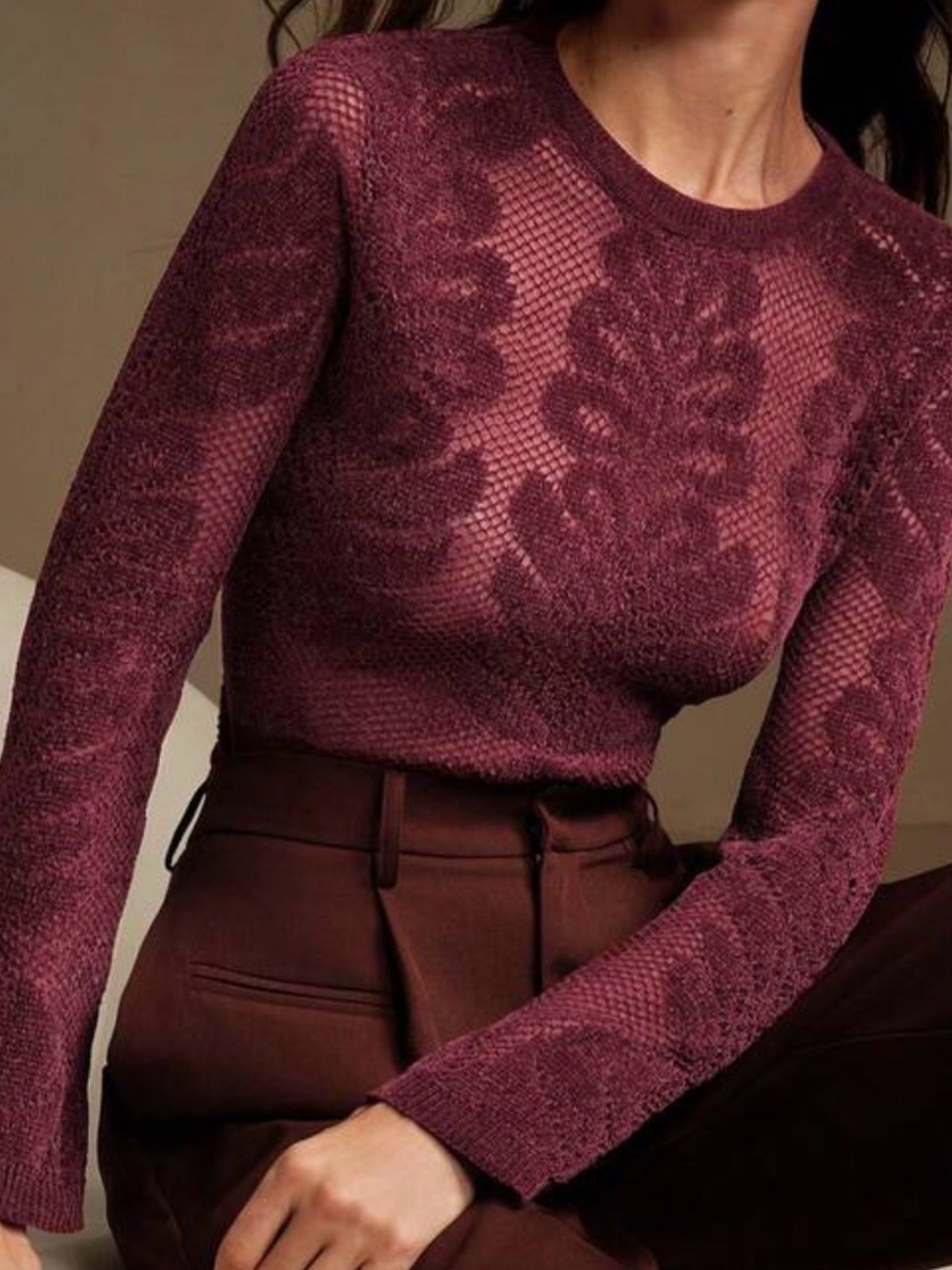 Madewell Burgundy Lace-Texture Long Sleeve Tee